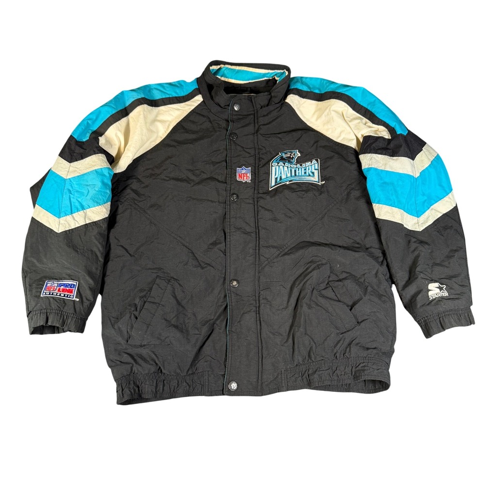 Vintage Carolina Panthers Starter Jacket NFL Pro Line Black‎ Blue Puffer Mens L